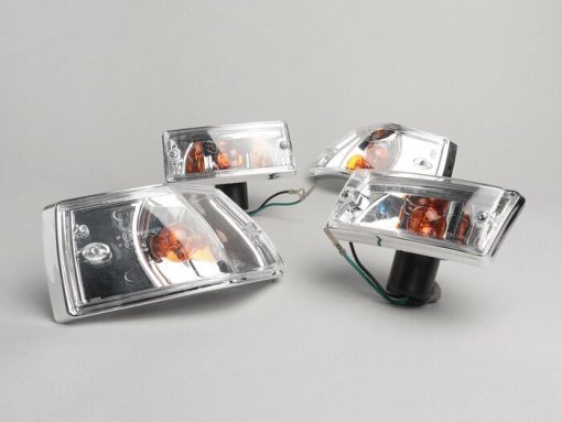 BGM5022LZ Blinker -BGM ORIGINAL 4er Set- Vespa PX80, PX125, PX150, PX200, T5 125cc Chromgehäuse – Klarglas / Orange Birnen