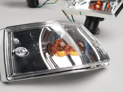 BGM5022LZ Blinker -BGM ORIGINAL 4er Set- Vespa PX80, PX125, PX150, PX200, T5 125cc Chromgehäuse – Klarglas / Orange Birnen