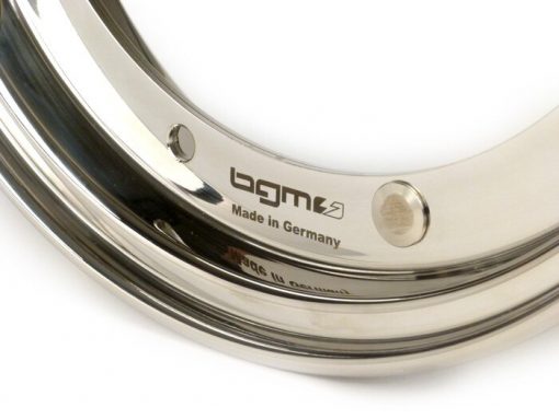 BGM7990 Rim -BGM PRO 2.10-10 inci- Vespa (tipe PX) - Vespa Smallframe V50, 50N, Special, PV, ET3, PK50-125 (S / XL / XL2), Largeframe PX, T5, Sprint, Rally, GT / GTR, LML Star, Deluxe - Baja tahan karat yang dipoles