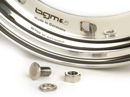 BGM7990 Rim -BGM PRO 2.10-10 дюймів - Vespa (тип PX) - Vespa Smallframe V50, 50N, Special, PV, ET3, PK50-125 (S / XL / XL2), Largeframe PX, T5, Sprint, Rally, GT / GTR, LML Star, Deluxe - Полірована нержавіюча сталь