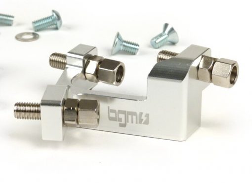 BGM2290 set di bilance comprensivo di blocco di regolazione -BGM Pro realizzato da JPP, alluminio CNC- Lambretta LI, LIS, SX, TV (serie 2-3), SX, DL, GP - anodizzato argento