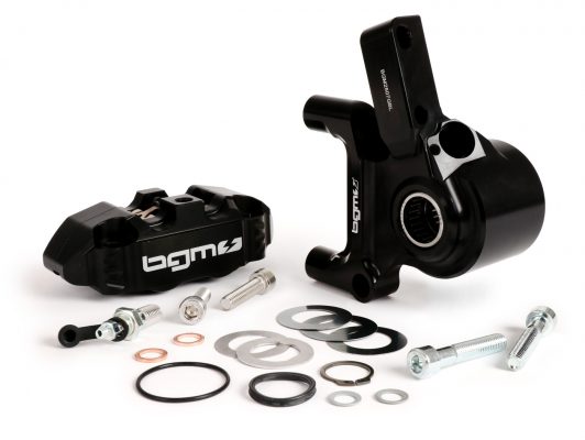 BGM2506KTGB Front brake caliper incl. Brake caliper mount -BGM PRO, CNC Touring, 4-piston, radial mounting - brake drum type Piaggio / Grimeca Ø20mm- Vespa PX Disc (1998-), My, 2011 - black