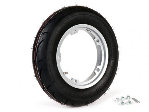 BGM35010SLKG jeu complet de pneus -BGM Sport, tubeless, Vespa- 3.50 - 10 pouces TL 59S (renforcé) - jante 2.10-10 - argent