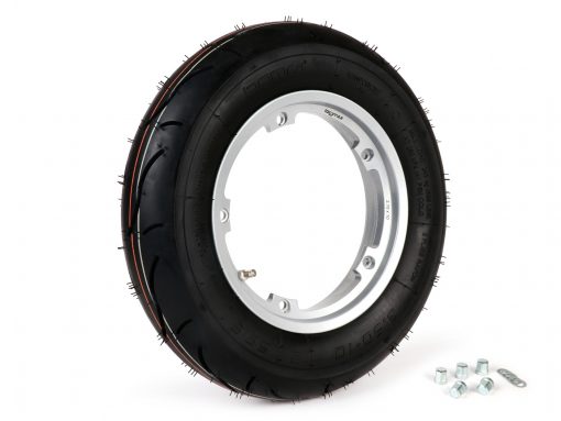 BGM35010SLKG komplett däckuppsättning -BGM Sport, tubeless, Vespa- 3.50 - 10 tum TL 59S (förstärkt) - fälg 2.10-10 - silver