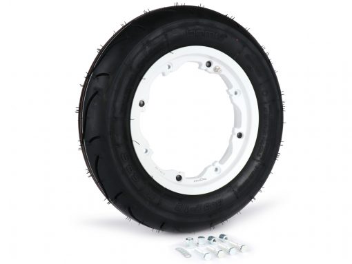 BGM35010SLKLW kit complet de pneus -BGM Sport, tubeless, lambretta- 3.50 - 10 pouces TL 59S (renforcé) - jante 2.10-10 blanc