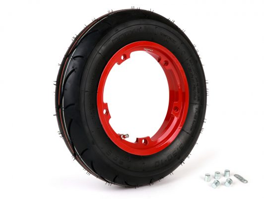 BGM35010SLKR komplett däckuppsättning -BGM Sport, tubeless, Vespa- 3.50 - 10 tum TL 59S (förstärkt) - fälg 2.10-10 röd