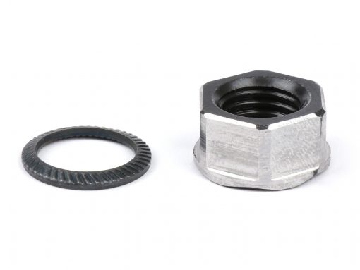 7671201 Écrou d'accouplement M12 x 1,50 collier Ø = 18,6 mm h = 9 mm SW = 15 -BGM PRO- (utilisé en remplacement de l'écrou crénelé pour Vespa PX, Rally180 (VSD1T), Rally200 (VSE1T), Sprint, T5 125cc, Cosa1 )