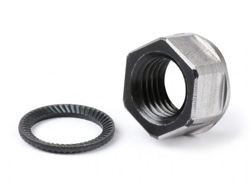 7671201 Écrou d'accouplement M12 x 1,50 collier Ø = 18,6 mm h = 9 mm SW = 15 -BGM PRO- (utilisé en remplacement de l'écrou crénelé pour Vespa PX, Rally180 (VSD1T), Rally200 (VSE1T), Sprint, T5 125cc, Cosa1 )