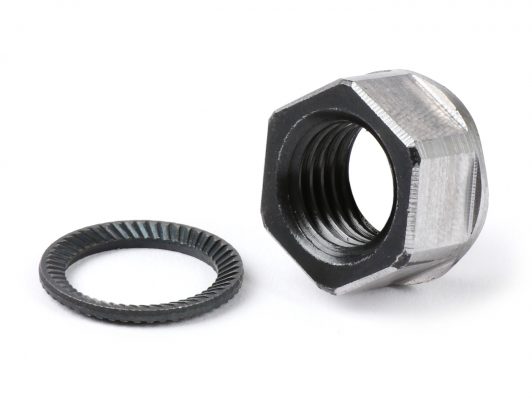 7671201 Coupling nut M12 x 1,50 collar Ø = 18,6mm h = 9mm SW = 15 -BGM PRO- (used as a replacement for castle nut suitable for Vespa PX, Rally180 (VSD1T), Rally200 (VSE1T), Sprint, T5 125cc, Cosa1 )