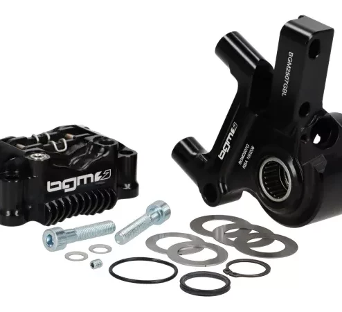 Bremskit vorne komplett – BGM PRO SPORT 4-Kolben Radialbremse mit CNC-gefrästem Adapter inkl. TÜV-Gutachten – passend für Vespa PX Disc (ab 1998), MY, 2011 und Grimeca Nachrüst-Scheibenbremsen – schwarz