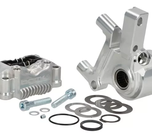 Bremskit vorne komplett – BGM PRO SPORT 4-Kolben Radialbremse mit CNC-gefrästem Adapter inkl. TÜV-Gutachten – passend für Vespa PX Disc (ab 1998), MY, 2011 und Grimeca Nachrüst-Scheibenbremsen – silbern