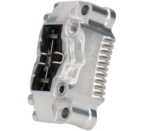 Bremszange vorne -BGM PRO SPORT (mit TÜV Teilegutachten)- 4-Kolben, radiale Befestigung (Adapter benötigt)- für PX Disc, LML Star, Stella, Grimeca NT classic- Vespa PX (ab Bj. 1998, Serie), PX, T5 125cc, PK XL –  silb