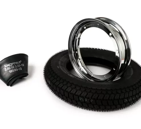 Reifen komplett Set -BGM Classic, Vespa- 3.50 – 10 Zoll TT 59P (reinforced) – Felge 2.10-10 Chrom