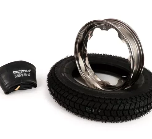 Reifen komplett Set -BGM Classic, Lambretta- 3.50 – 10 Zoll TT 59P (reinforced) – Felge 2.15-10 Edelstahl poliert