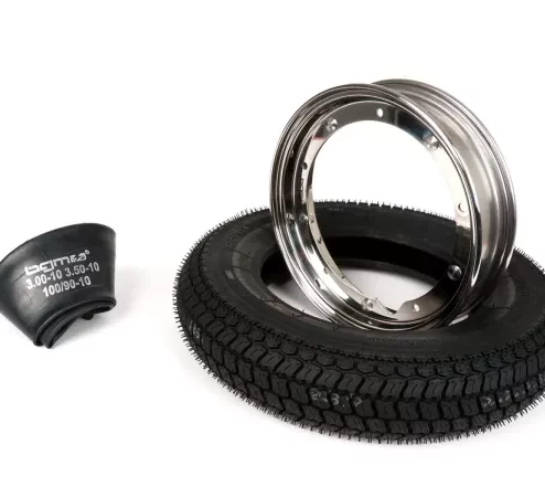 Reifen komplett Set -BGM Classic, Vespa- 3.50 – 10 Zoll TT 59P (reinforced) – Felge 2.10-10 Edelstahl poliert