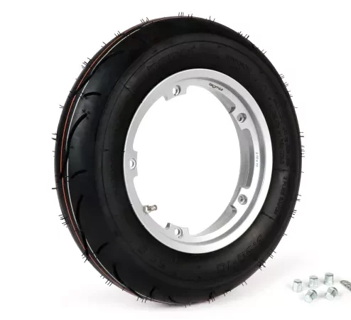 Komplettrad (Reifen fahrbereit auf Felge montiert) -BGM Sport, schlauchlos, Vespa Largeframe PX, Sprint, Rally, GT, GTR, TS, T4, LML Star/Stella- 3.50 – 10 Zoll TL 59S (reinforced) – Felge 2.10-10 – Silbern