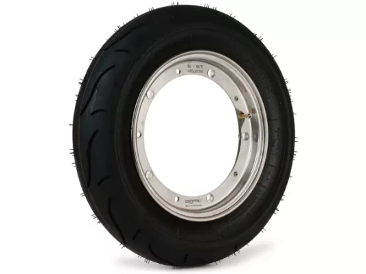 Komplettrad (Reifen fahrbereit auf Felge montiert) -BGM Sport, Vespa Largeframe PX, Sprint, Rally, GT, GTR, TS, T4, LML Star/Stella- 3.50 – 10 Zoll TT 59P (reinforced) – Felge Edelstahl 2.10- 10 –