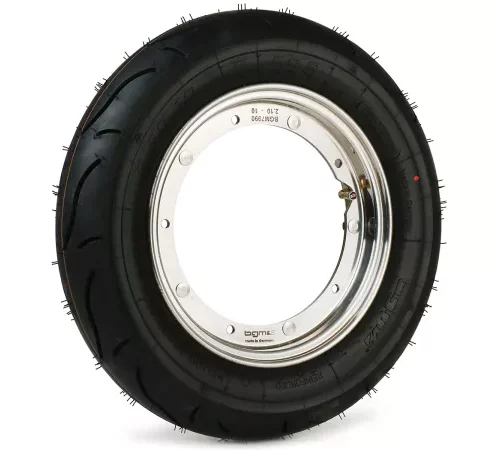 Komplettrad (Reifen fahrbereit auf Felge montiert) -BGM Sport, Vespa Largeframe PX, Sprint, Rally, GT, GTR, TS, T4, LML Star/Stella- 3.50 – 10 Zoll TT 59P (reinforced) – Felge Edelstahl 2.10- 10 – poliert