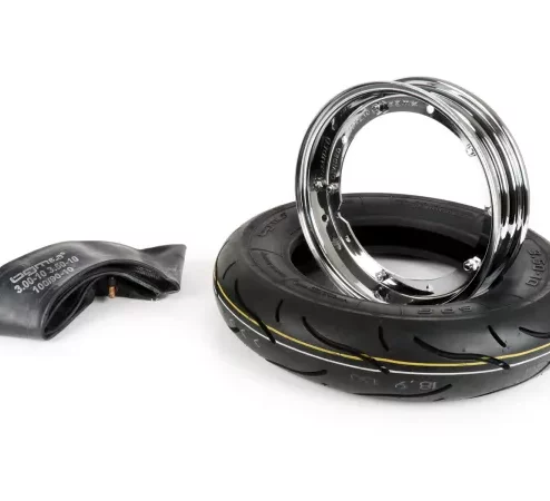 Reifen komplett Set -BGM Sport, Vespa- 3.50 – 10 Zoll TT 59S (reinforced) – Felge 2.10-10 Chrom