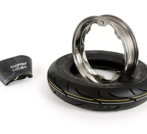 Reifen komplett Set -BGM Sport, Lambretta- 3.50 – 10 Zoll TT 59S (reinforced) – Felge 2.15-10 Edelstahl poliert