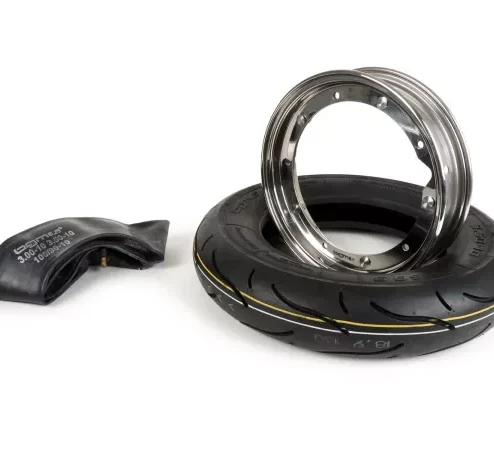 Reifen komplett Set -BGM Sport, Vespa- 3.50 – 10 Zoll TT 59S (reinforced) – Felge 2.10-10 Edelstahl poliert