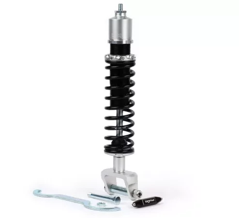 Stoßdämpfer hinten -BGM PRO SC/R1 SPORT, 330mm- Vespa PX80, PX125, PX150, PX200, T5 125cc, Rally180 (VSD1T), Rally200 (VSE1T), Sprint150 (VLB1T), TS125 (VNL3T), GT125 (VNL2T), GTR15 (VNL2T), V50, PV, ET3 – schwarz/silbern