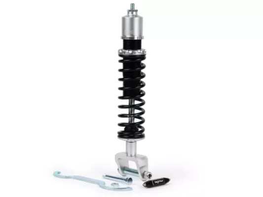 Stoßdämpfer hinten -BGM PRO SC/R1 SPORT, 330mm- Vespa PX80, PX125, PX150, PX200, T5 125cc, Rally180 (VSD1T), Rally200 (VSE1T), Sprint150 (VLB1T), TS125 (VNL3T), GT125 (VNL2T), GTR15 (VNL2T), V50, PV, ET3 – schwarz/silbern